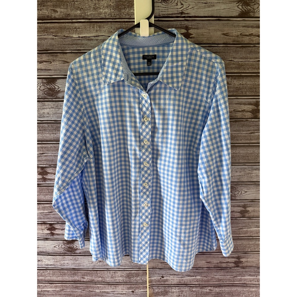 Talbots Women's Long-Sleeved Button-Down Top Size 2XP Blue White Gingham
